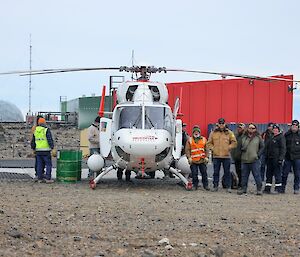 Group standing at the front of the helicopter