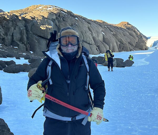 An expeditioner, John Sommers, dressed for the cold. Out on field travel training in the Masson Range near Mawson recently