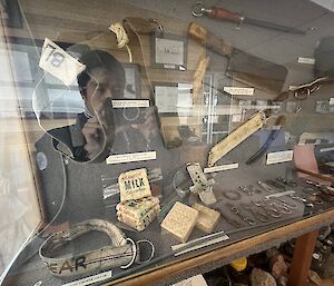 An image of the display of field equipment and artefacts of past expeditions out of Mawson in the Dog room at Mawson
