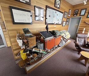 The dogsled with cargo used by past expeditions out of Mawson in the Dog room at Mawson station