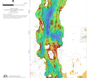 A map with coloured areas showing different depths of the seafloor off Mawson research station.