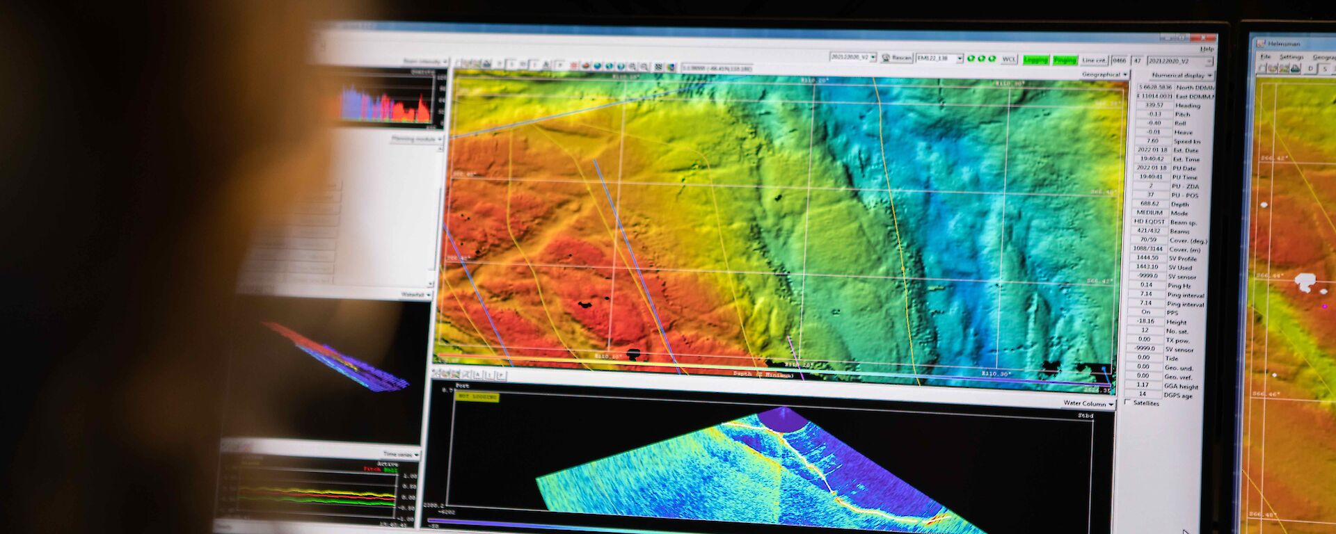 A computer screen showing a map with coloured areas depicting the different depths of the seafloor off Mawson Research station.