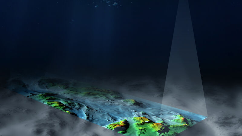 A graphic of a red and white ship on the ocean beaming sound down to the seafloor to create a coloured area that reveals seafloor features at different depths.