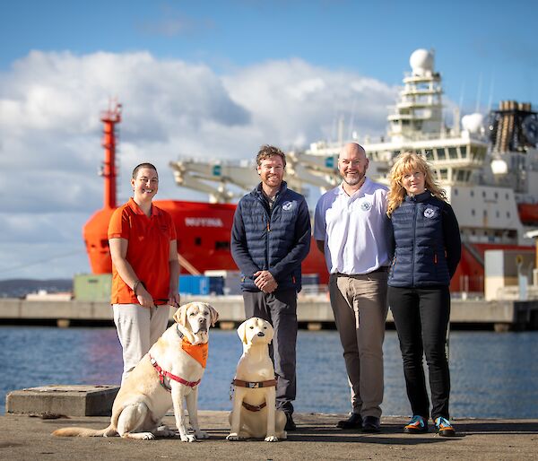 A group of people stand smiling in front of the icebreaker RSV Nuyina, with Murphy the guide dog and a plastic collection dog.