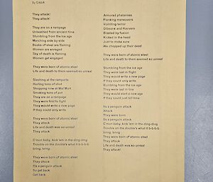 Lyrics to a musical tribute entitled 'Penguin Attack'
