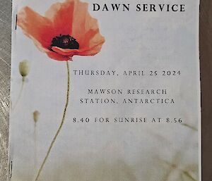 A booklet setting out the order of service for the ANZAC dawn service at Mawson