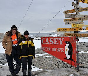 Two Antarctic expeditioners outside near the sign at Casey research station.