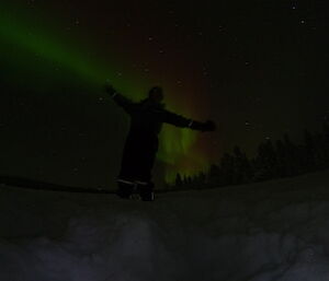 Rob silhouetted in the foreground of a landscaped Aurora Borealis backdrop