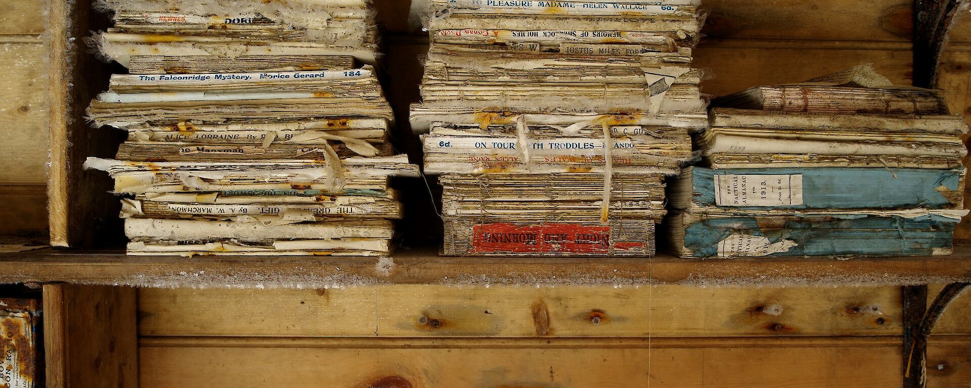 Light reading books on shelf in historic hut