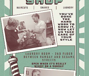 A poster showing expeditioners in the Mawson barber shop also known as the laundry