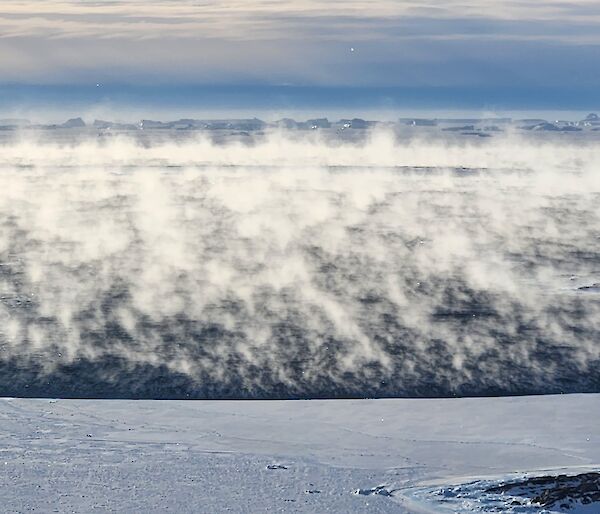 a view from atop Reeves Hill down to the ocean with steaming fog covering the entire view of water