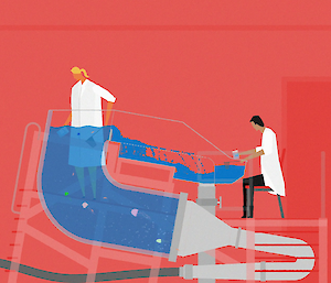 Animation showing two people filtering water in a collecting system in a watertight room on a ship.