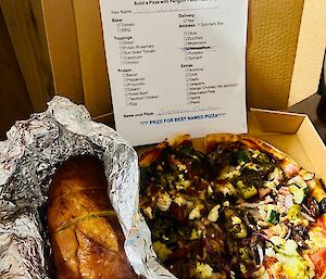 Freshly cooked pizzas and garlic bread featuring the penguin pass pizzas boys printer menu.