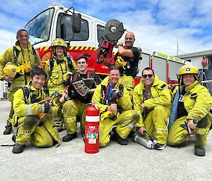 Some of the Mawson fire team during pre-departure fire training at Cambridge, Hobart.