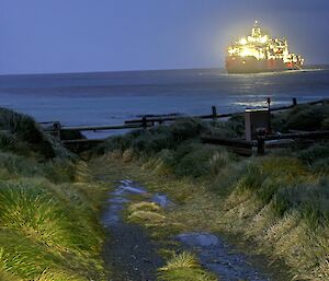 Small path between tussocks leads to shore, ship in the distance glows due to lighting