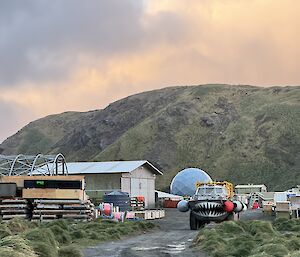 Lone penguin walks along road towards a LARC coming in the other direction, with station buildings in the background.