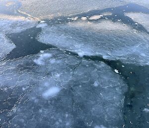Pancake ice forms atop the water in small circular patterns and join to make larger ones