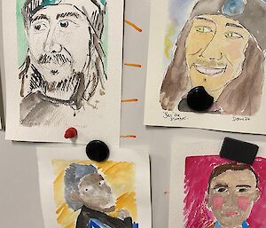 Watercolour paintings of people from the art classes run by Deano