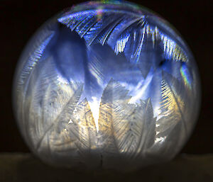 Frosty patterns on a soap bubble light from behind with a torch.