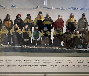 A photo on a wall showing all the expeditioners from the 72nd ANARE (Australian National Antarctic Research Expedition)