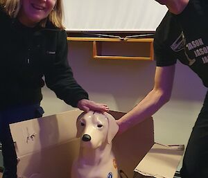 Ali standing on the left of a large box, and Jason standing on the right. The lid of the box is off, and the front has been ripped open, revealing Stay 2.0 the intrepid Guide Dog inside. Ali and Jason are looking at the camera with big smiles while leaning in and patting the dog