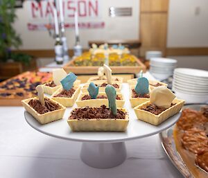 Long table with a white table cloth, laden with an assortment of delicious looking desserts. Photo taken from close up at one end of the table so that the nearest dessert is in focus and those further away are purposely blurry