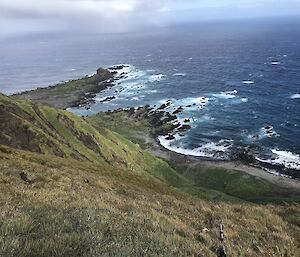 Extremely steep grassy slope dropping away to coastline, with sea to the far distance