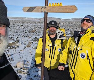 two men in Antarctic yellow suits and a man with a big beard stand near a signpost