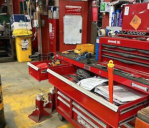 A yellow plastic duck on a red piece of equipment