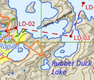 A map showing a lake called Rubber Duck Lake