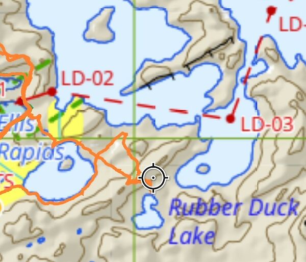 A map showing a lake called Rubber Duck Lake