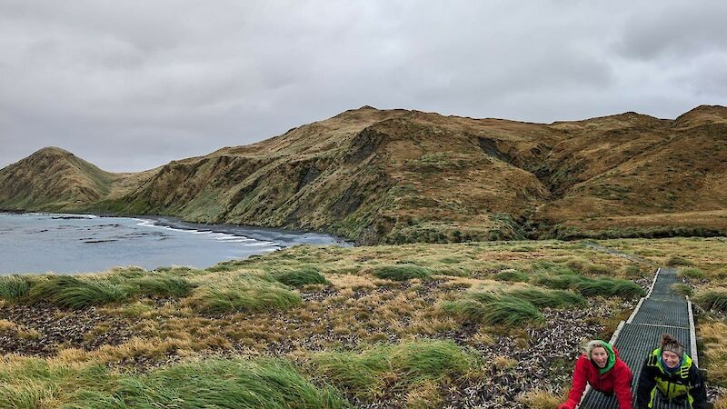 Two expeditioners doing push ups on Macquarie Island