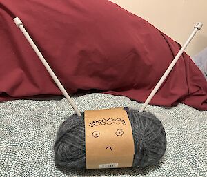 Grey ball of wool with a face drawn on the paper label and two knitting needles sticking out the top of the ball of wool like antennae