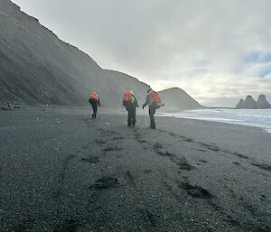 Three walkers walk across a black sand beach