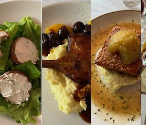 Small section of the meals shown - seafood bisque, salad with goats cheese croutons, duck, pork belly and poached pear