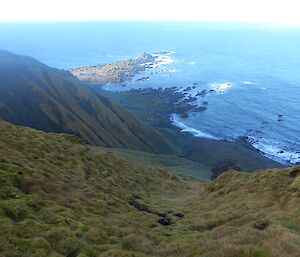 View down a very steep grass slope that drops to a rocky beach and the sea