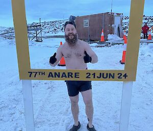 A man wearing only swimming shorts stands in a photo frame saying Davis mid-winter