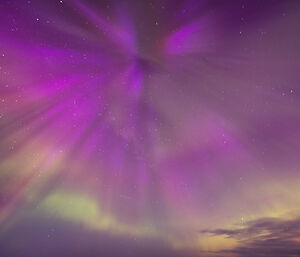 A radiating purple aurora as the sun rises above Mawson