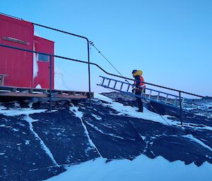 A man walks up towards a red hut holding a ladder
