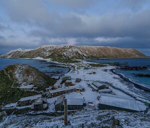 View of Macquarie Island station from Wireless hill, everything has a dusting of snow