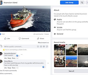 A screen shot of a Facebook page with a picture of Nuyina with comments below