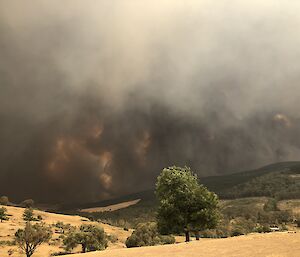 A landscape image of distant bellowing dark black clouds lifted by emergent fires rolling through a valley