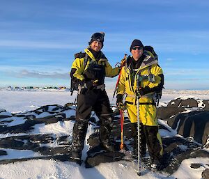 Marty Kucera and Andrew Tueon on the sea ice out front Davis 2024
