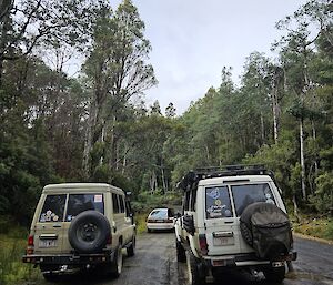 Two Toyota troop carrier vehicles with a Toyota Corolla in front, on a bush track