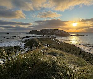 Photo from elevation of the isthmus and North Head at sunset