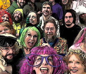 Selfie of the group in colour party attire and a comic filter