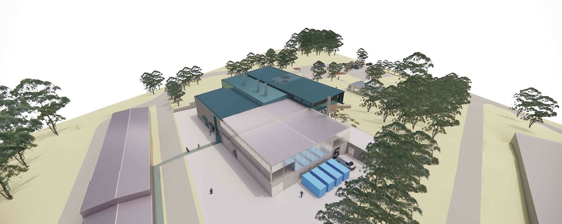 Aerial view architects render of aquarium buildings with trees