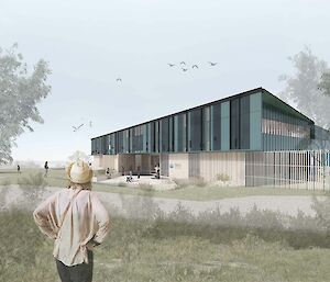 An artist impression of a black building with a person standing in front
