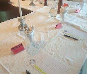 Dinner table with white tablecloth and lit candlesticks