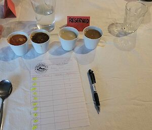 Four little cups of soup on the table with a scoring sheet in front of it and a pen